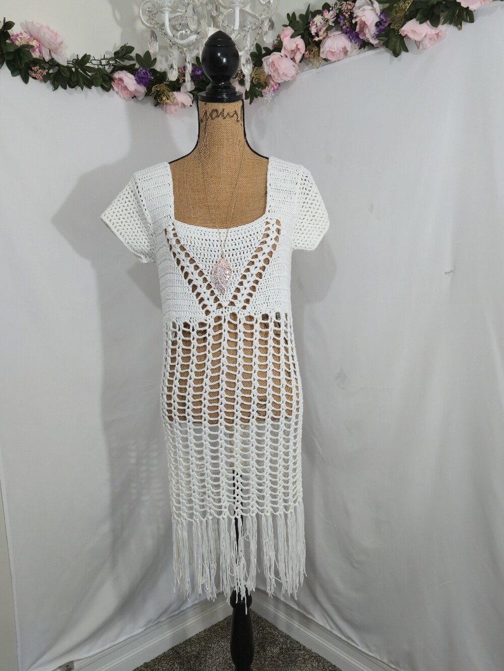 Source Unknown White Crochet Fringe Beach Cover-Up Dress